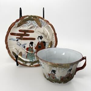 Vintage Satsuma Moriage Cup & Saucer Japan Two Cranes Man and Woman Hand Painted